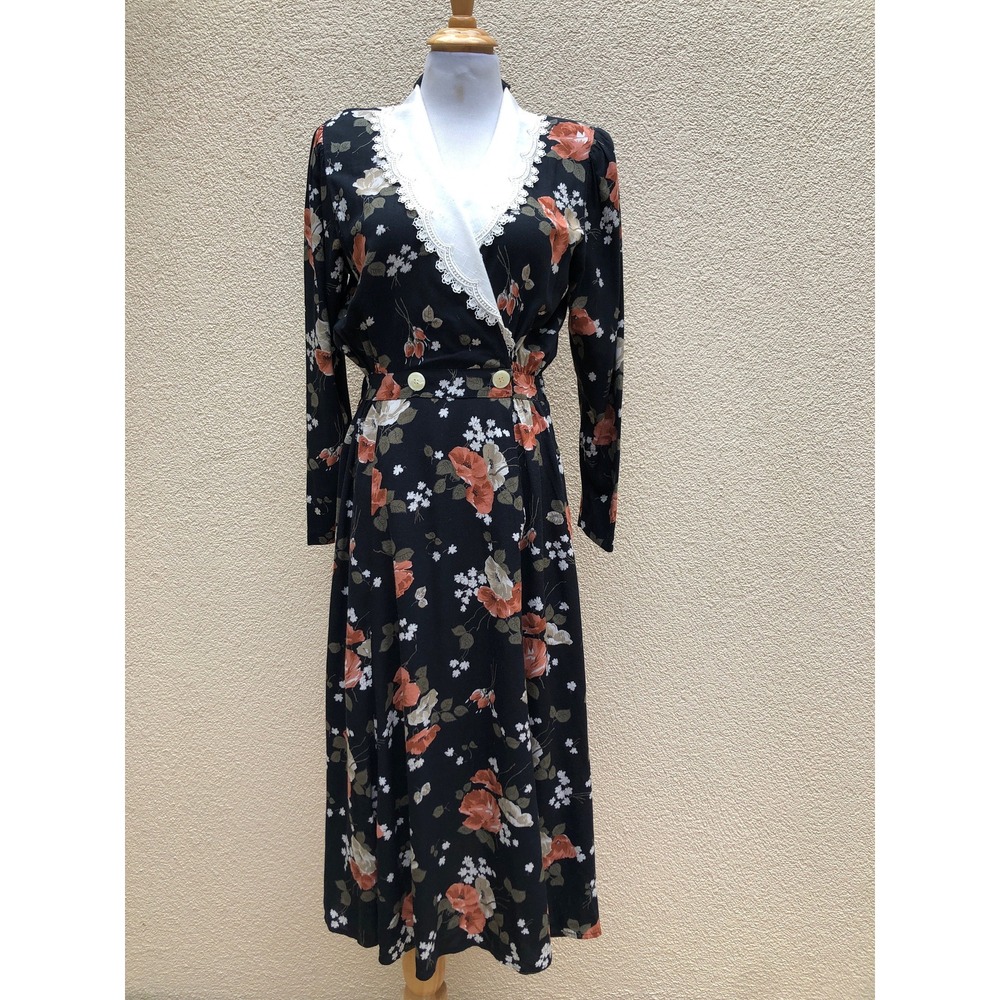 90's EXPO floral black rayon midi long sleeve dress exaggerated white collar